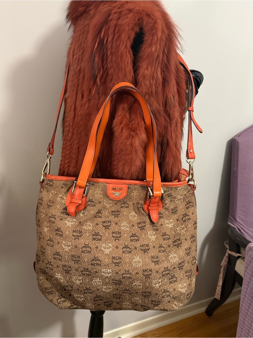 Authentic MCM Visetos Monogram Canvas in Orange Lether 2 Way Bag